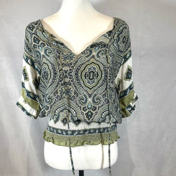 Alexander Vittoria 100% silk sage green boho print smocked top size large - Picture 1 of 6